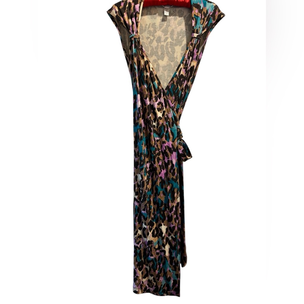Diane Von Furstenberg Teal, Purple and Brown Leopard Wrap Midi Dress